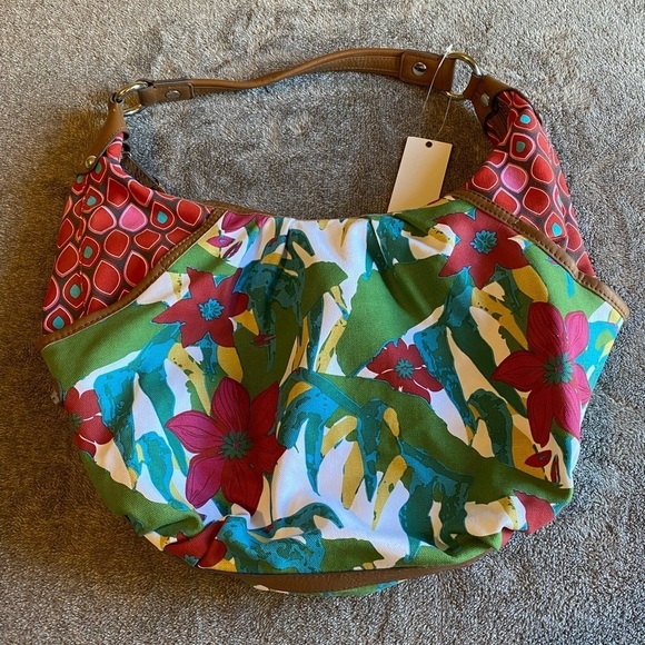 Tignanello Tropical Floral Hobo Bag with Tan Leather Trim NWT - Picture 3 of 10